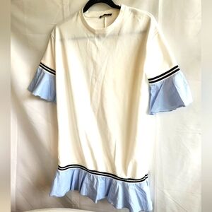 Zara Women's White and Blue Ruffle Sleeve dress